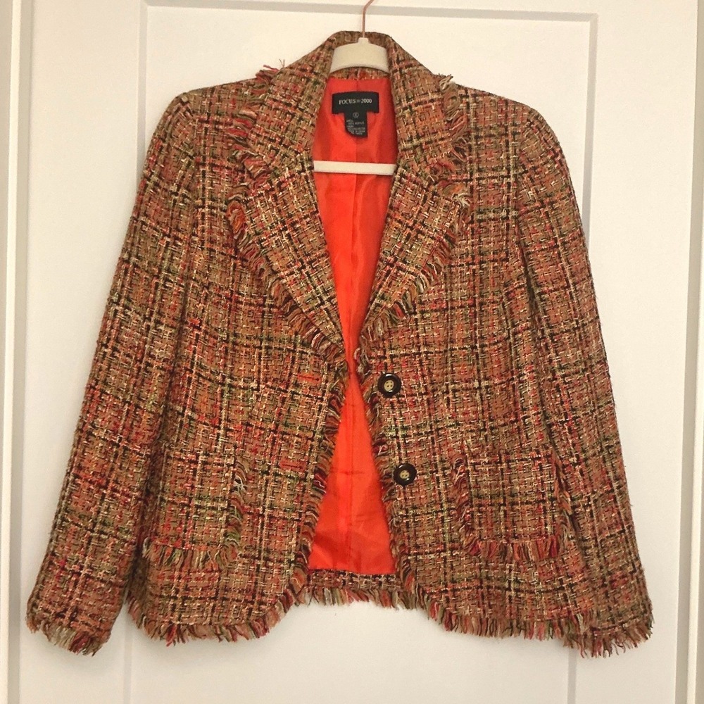 Vintage 6 Focus 2000 Tweed Fringe Boucle Blazer Jacket Pockets Autumnal Y2K Fall